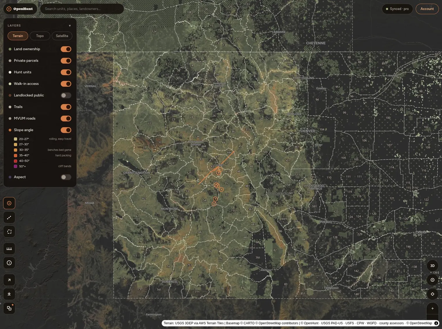 OpenHunt public-land and hunt-unit map in Colorado